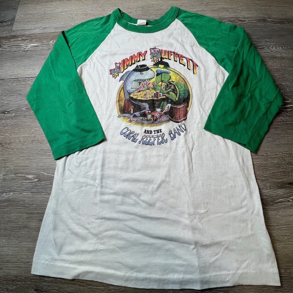 Vintage 1980s Jimmy Buffett Shirt Mens L Green Raglan 3/4 Sleeve Band Tee Jays